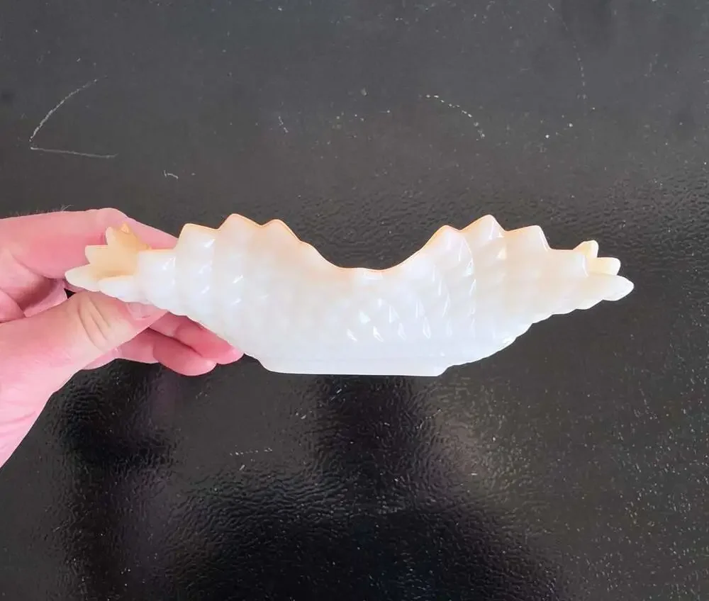Vintage Indiana Glass Peach Lustre Milk Glass Diamond Point Ruffled Candy Dish